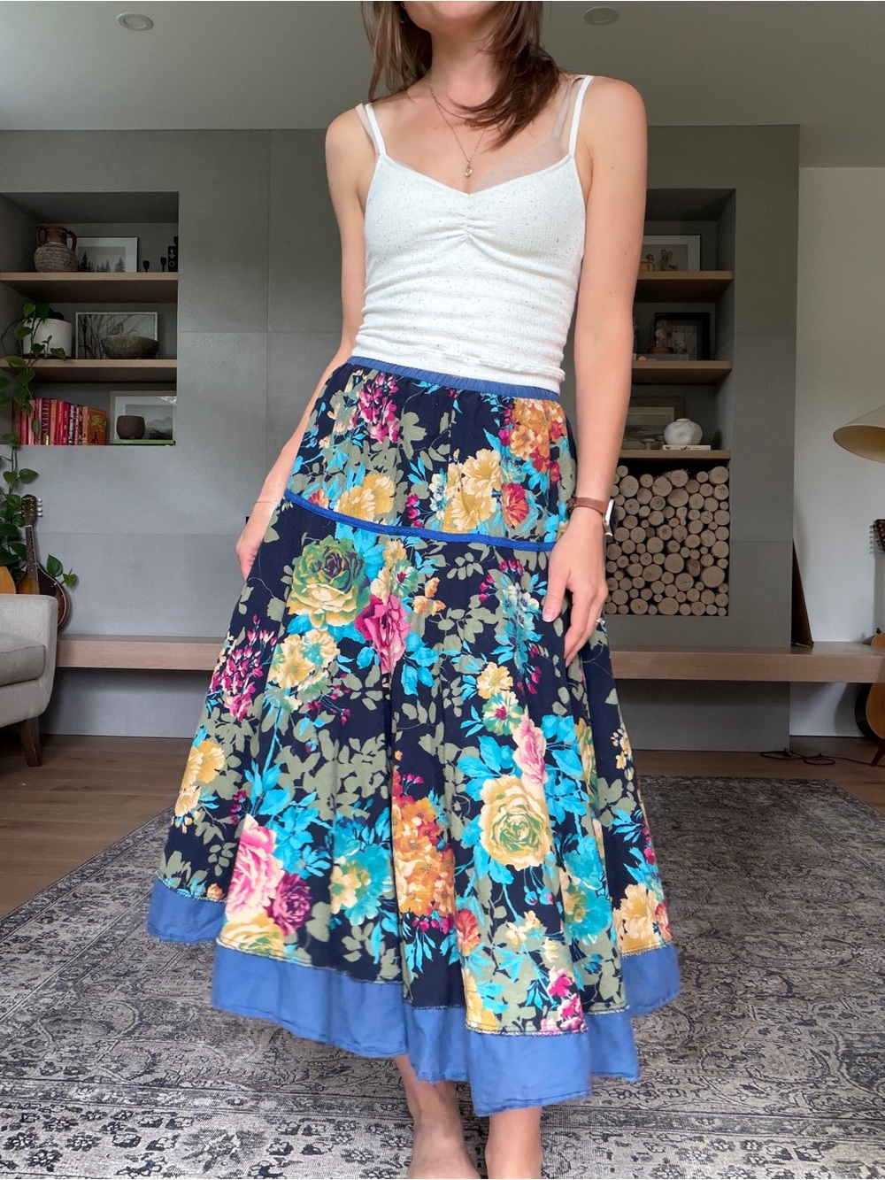 Vintage Floral Tiered drop waist Midi Skirt in Navy floral small medium